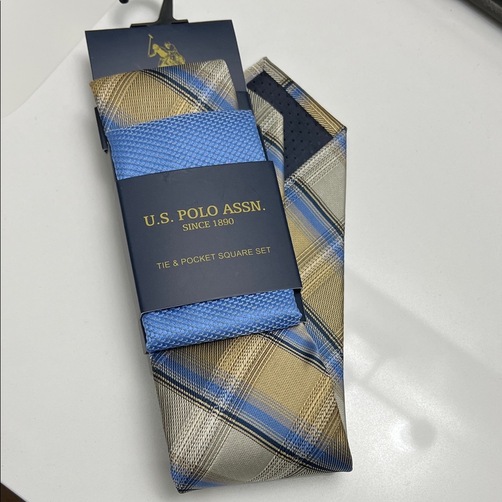 U.S. Polo Assn. Tan and Blue Plaid Tie with Solid Blue Pocket Square